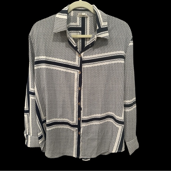 Eesome Navy/White Button Down Gold Tone Buttons Lightweight Career Oversized Med - Picture 3 of 8